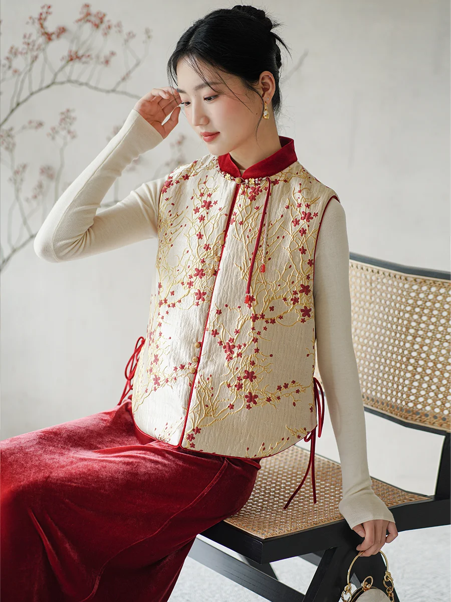 

New Chinese Sle Women's Vest Winter Retro Embroidery Top Year-End Celebration Clothing Loose Fit ort Length No Sve