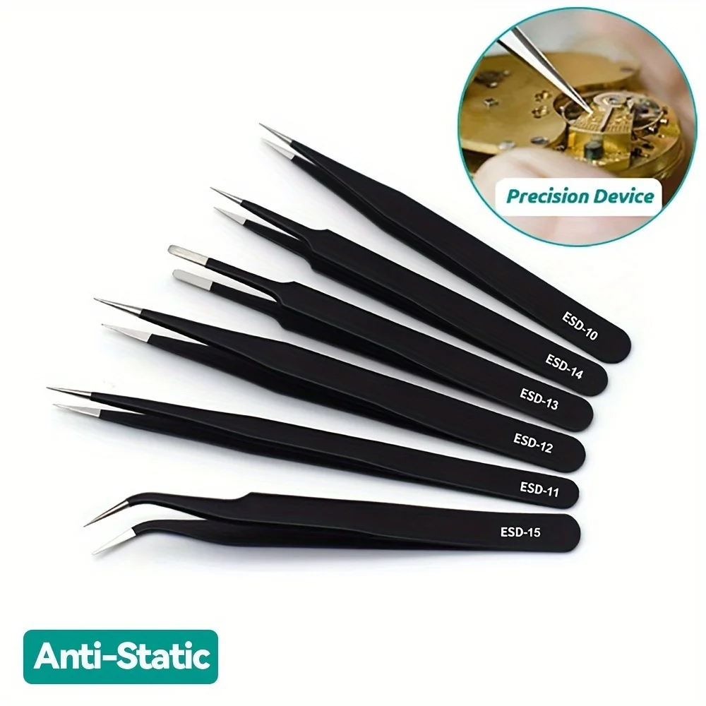 6pcs ESD Anti-Static Stainless Steel Tweezers - Precision Maintenance & Industrial Repair Curved Tools for  Working & Model Maki