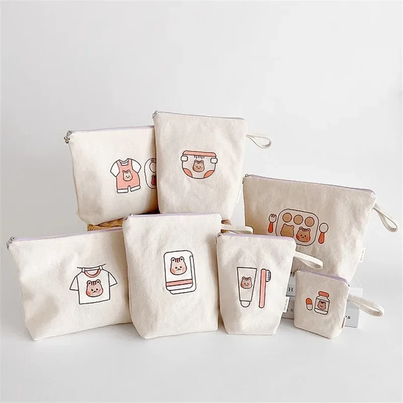 7Pcs Fashion Baby Diaper Bags Cartoon Bear Portable Activity Mommy Bags Newborn Baby Bottle Stroller Diaper Storage Bag Canvas