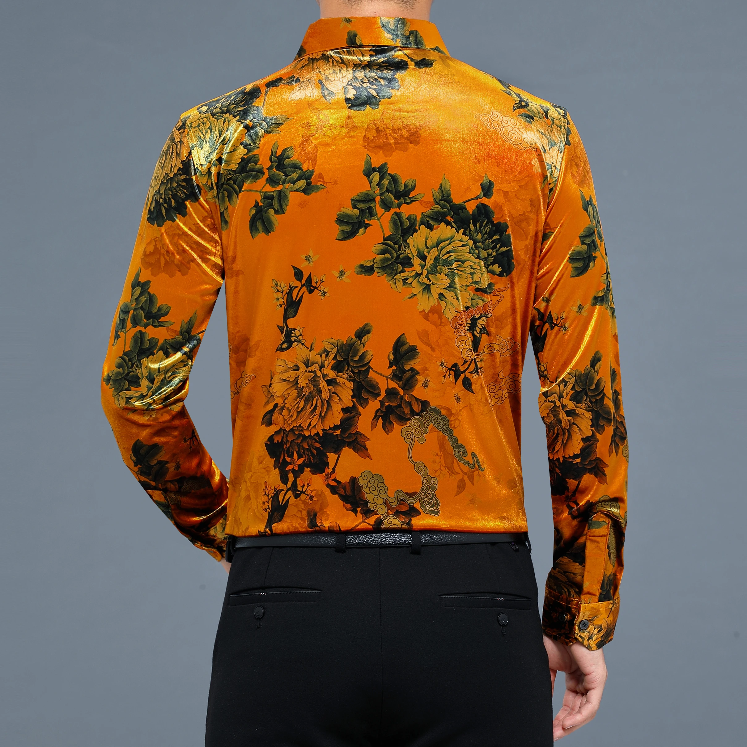 Men's Fashion Printing Velour Clothing Autumn Turn Down Collar Soft Gold Velvet Shirt Male Long Sleeve Velvet Dress Shirt