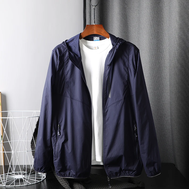 

Youth Spring Summer Lightweight Elastic Hooded Sun Protection Jaet Men's Bla Outdoor Faion Urban Sle Long Sve Coat