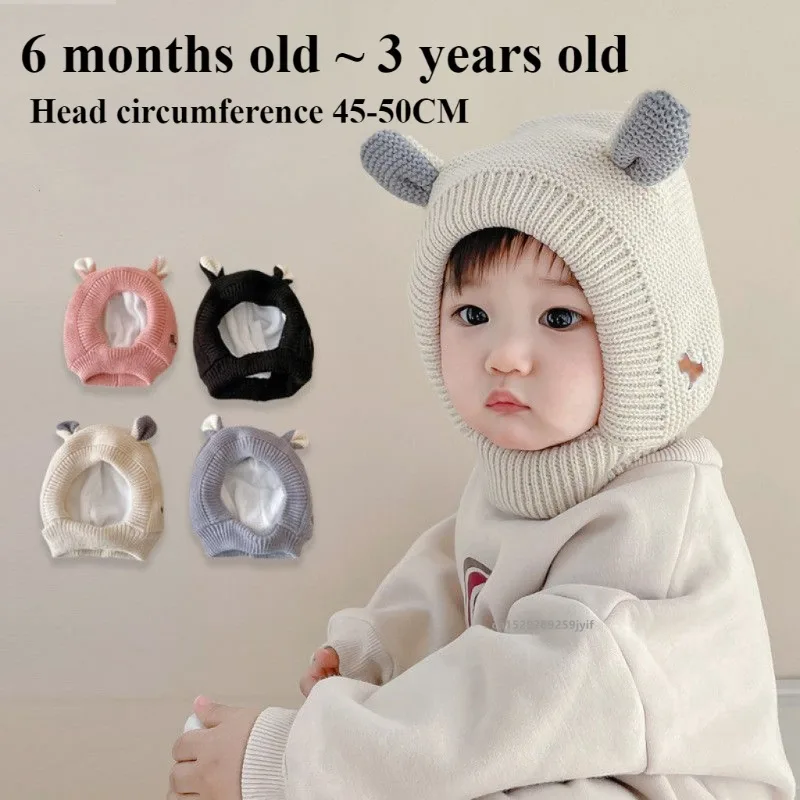 Winter Children Warm Baby Knitted Hats with Ears Kids Knit Beanie Hats Solid Color Children\'s Hat for Boys Girls Accessories