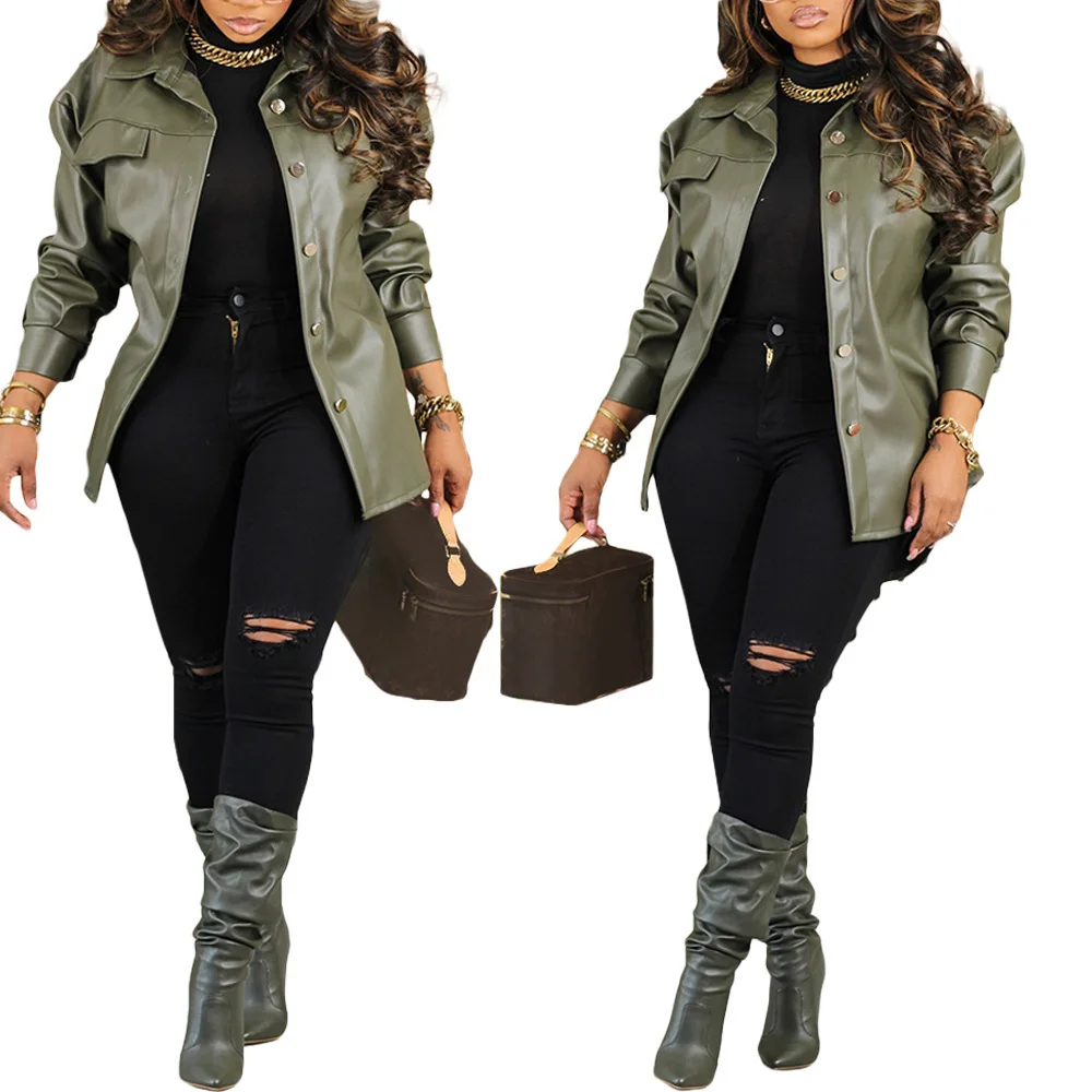 Women's New Solid Color Button down Faux Leather Jacket Loose Slim Fit Versatile Windproof Warm Elegant Commute Casual Outerwear