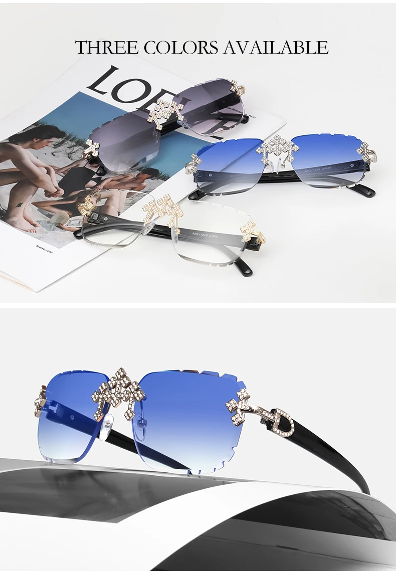 Luxuriöse quadratische randlose Edelstein-Schliff-Sonnenbrille im trendigen Retro-Stil der 90er-Jahre-Hip-Hop-Diamant-Schliff-Linse, rahmenlose Sommer-Sonnenbrille für Männer und Frauen – Detail 2
