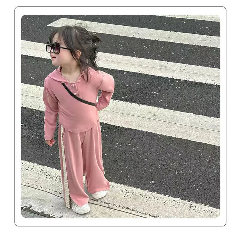 Girls Hooded Set Baby Fashion Casual Long-Sleeved Suit Spring Autumn New Children's Buttons Round Neck Blouse Pants 2Pcs 2-10Y