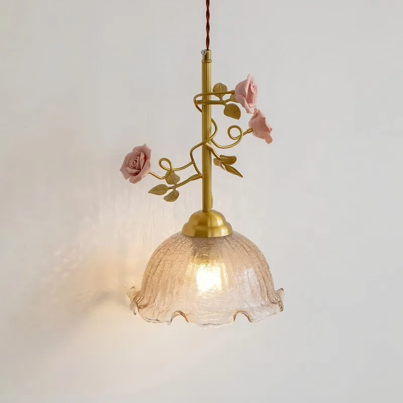 French Countryside Bedsides Pendant Lamps Study Entrance Rose Blossom Atmosphere Glass Bar Counter Small LED Hanging Chandeliers