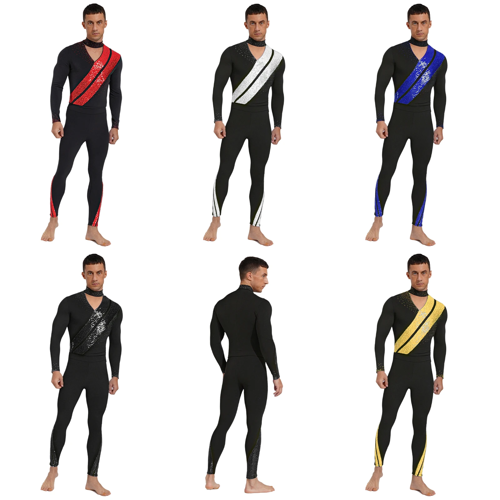 ชุดแสดงกายกรรมศิลป์สำหรับผู้ชาย ชุดแสดงสเก็ตลีลา ชุดบัลเลต์ ชุดเต้นลาติน แทงโก้ ชุดรัดรูปแบบมีกากเพชร เสื้อบอดี้สูทพร้อมกางเกง