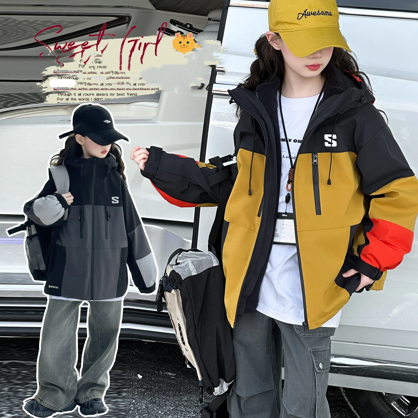

2025 New Sporty Outwear For Child Spring Autumn Warm Jacket Toddle Kids Hooded Jacket Ages 4-14Y Girl Patchwork 2-Pieces Outfit