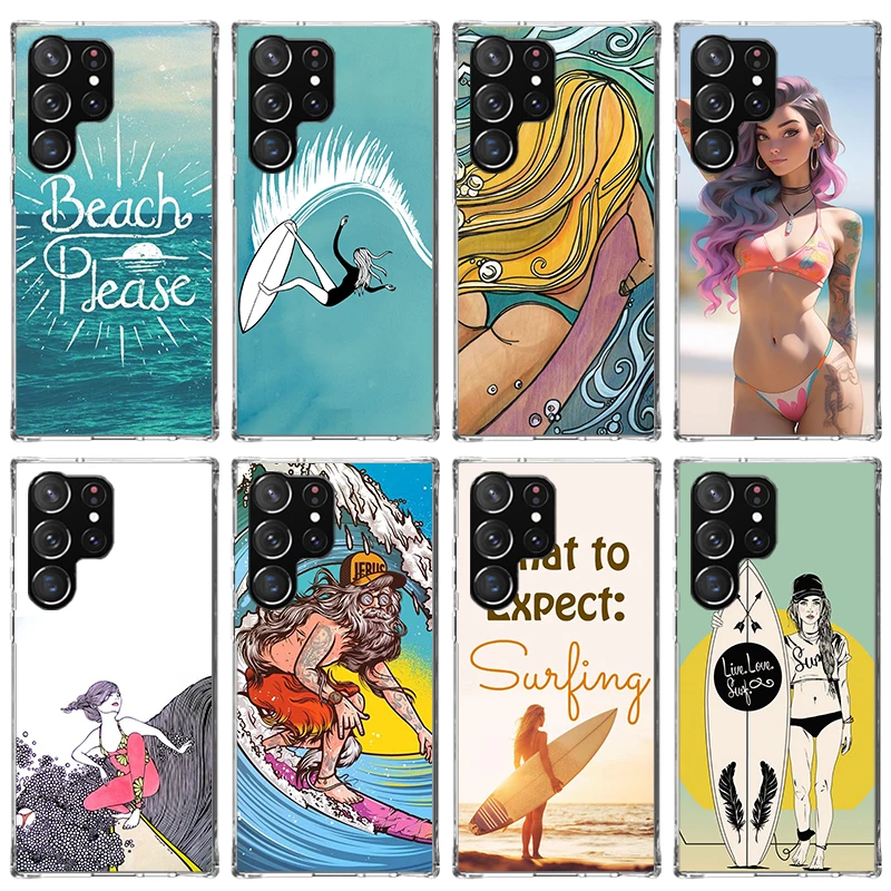 Surfboard Surfing Surf Girl Summer Phone Case for Samsung Galaxy S24 S23 S22 Plus S21 FE S20 Ultra S10 S10E S9 S8 + Soft Cover P