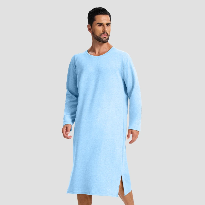 Men's autumn and winter long-sleeved one-piece nightgown, knee-length bathrobe, long one-piece home wear, wool and silk pajamas