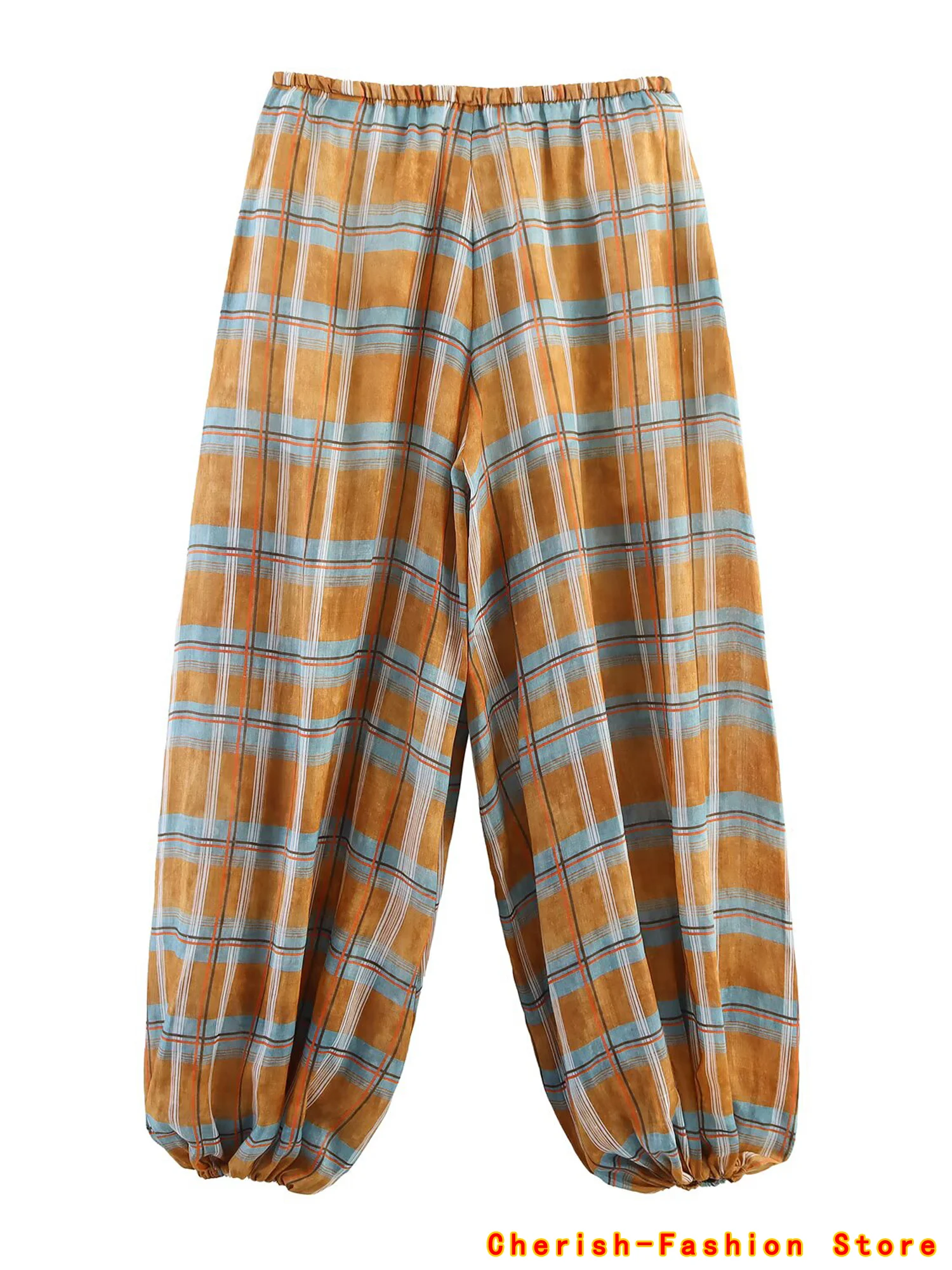 Pantaloni da donna vintage casual chic tasche scozzesi con coulisse pantaloni larghi dritti moda 2025 pantaloni Boho per le vacanze autunnali lanterna