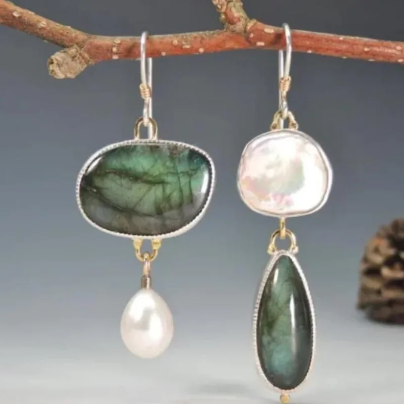 Irregular Inlay Pearl Green Color Stone Dangle Earrings for Women Jewelry Female Gift Accessories Custom Jewelry