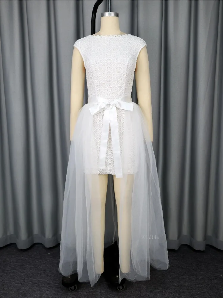 

White Lace Patchwork Mesh Backless Mini Wedding Dresses Elegant Sleeveless Bow Straps High Low Tulle Evening Party Dress