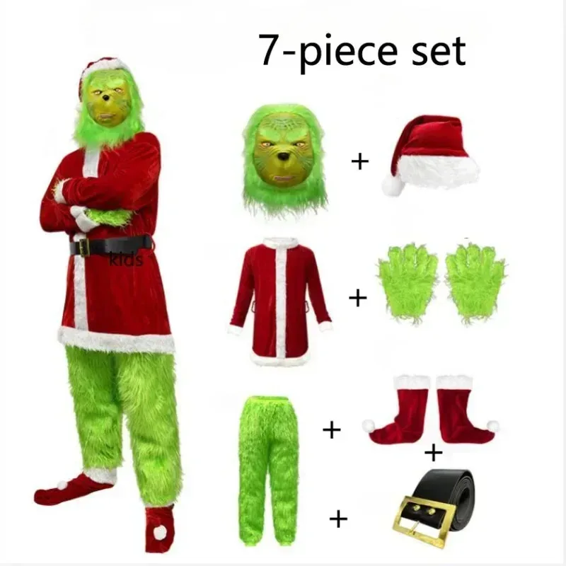 Ropa de Cosplay de Navidad Santa Geek verde peludo fiesta actuación disfraz máscara Navidad adultos disfraces de Papá Noel Halloween caliente