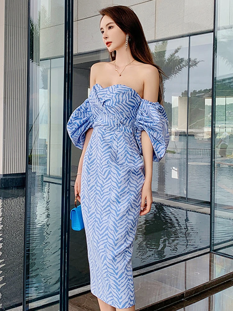 Bohe elegante vestido de noche para mujer francés Vintage azul Jacquard sin tirantes fuera del hombro bata de manga de burbuja Vestidos de fiesta para mujer