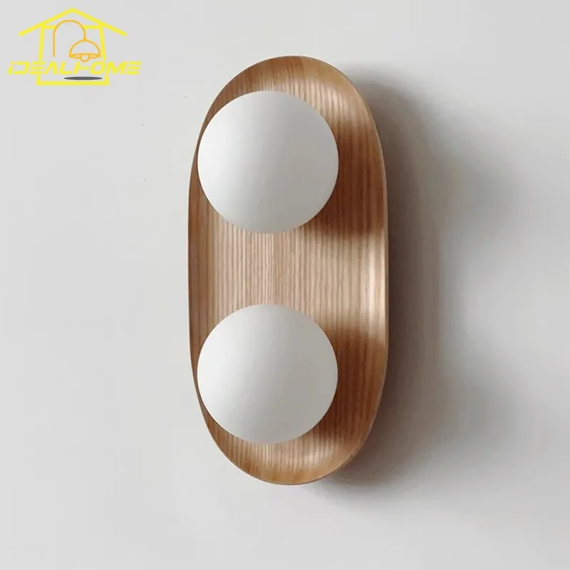 

Cream Wind Solid Wood Round Glass LED Wall Lamp Double Head Minimalist Designer Wall Mounted Living Room Background Bedside Cafe