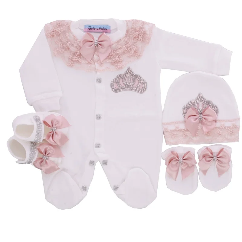 Baby Princess Royal Outfit Newborn 0-9 Months 4Pcs White Pink Silver Rhinestone Crown Lace Footed Romper Luxury Baby Clothes
