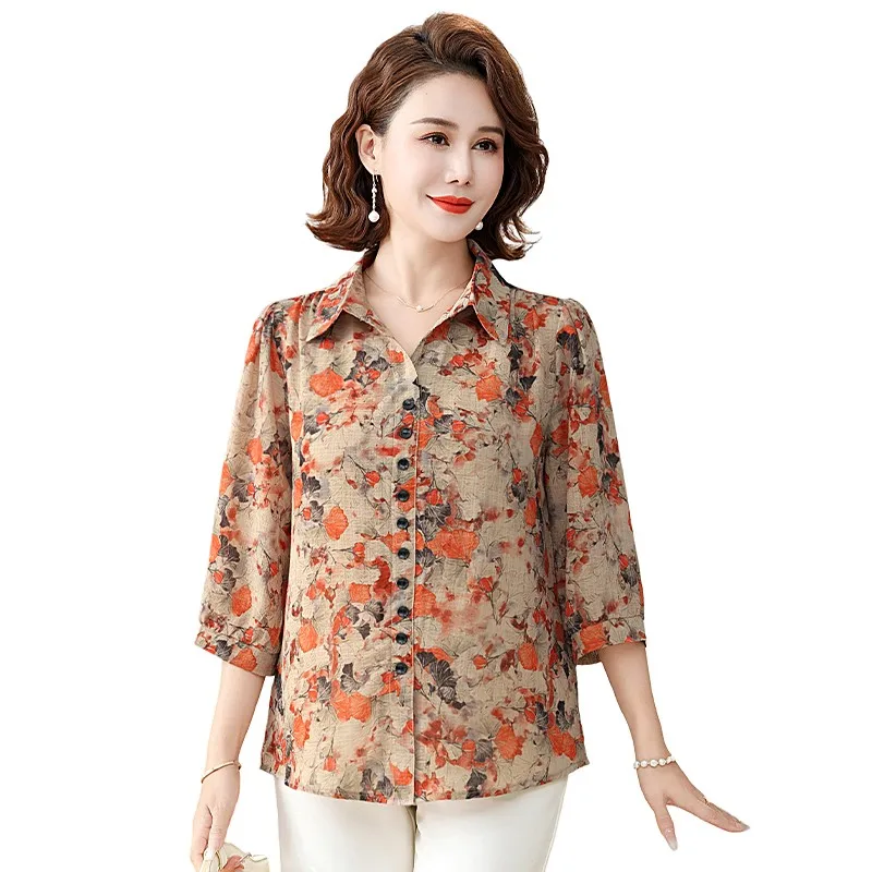 Women Spring Summer Blouses Shirts Lady Fashion Casual Half Sleeve  Turn-down Collar Button Retro Floral Printing Mother Tops