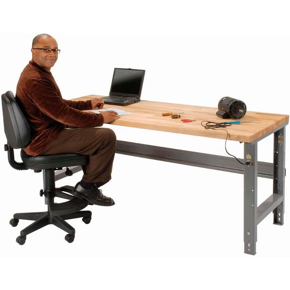 Adjustable Height Maple Butcher Block Square Edge Work Bench, Base plate allows for floor anchoring 60" W X 30" D, 1 3/4" Top