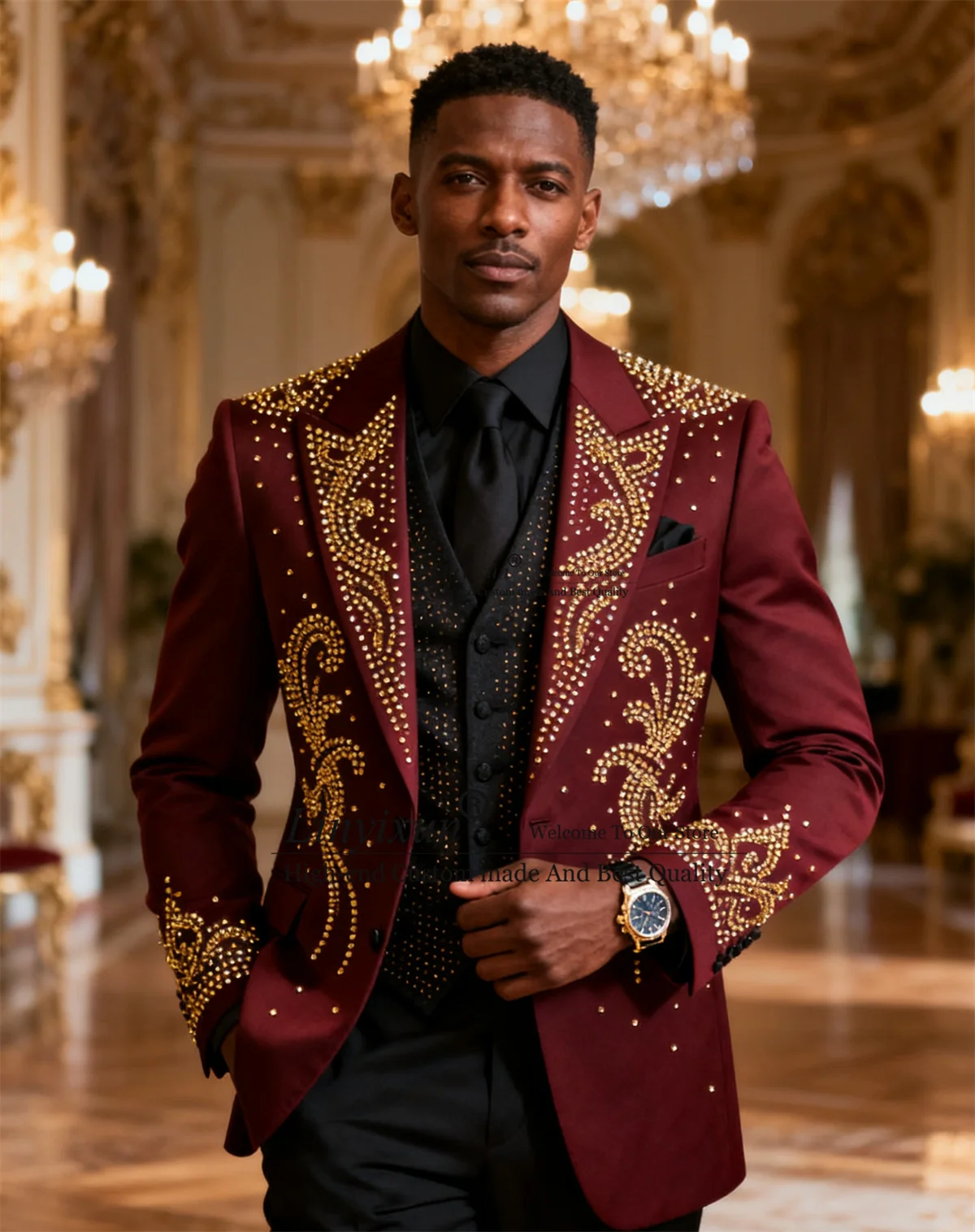 

Fashion Peaked Lapel Men Suits Customized 3 Pieces Sets Groom Tuxedos Sparkly Diamond Wedding Party Ropa Blazer Costume Homme