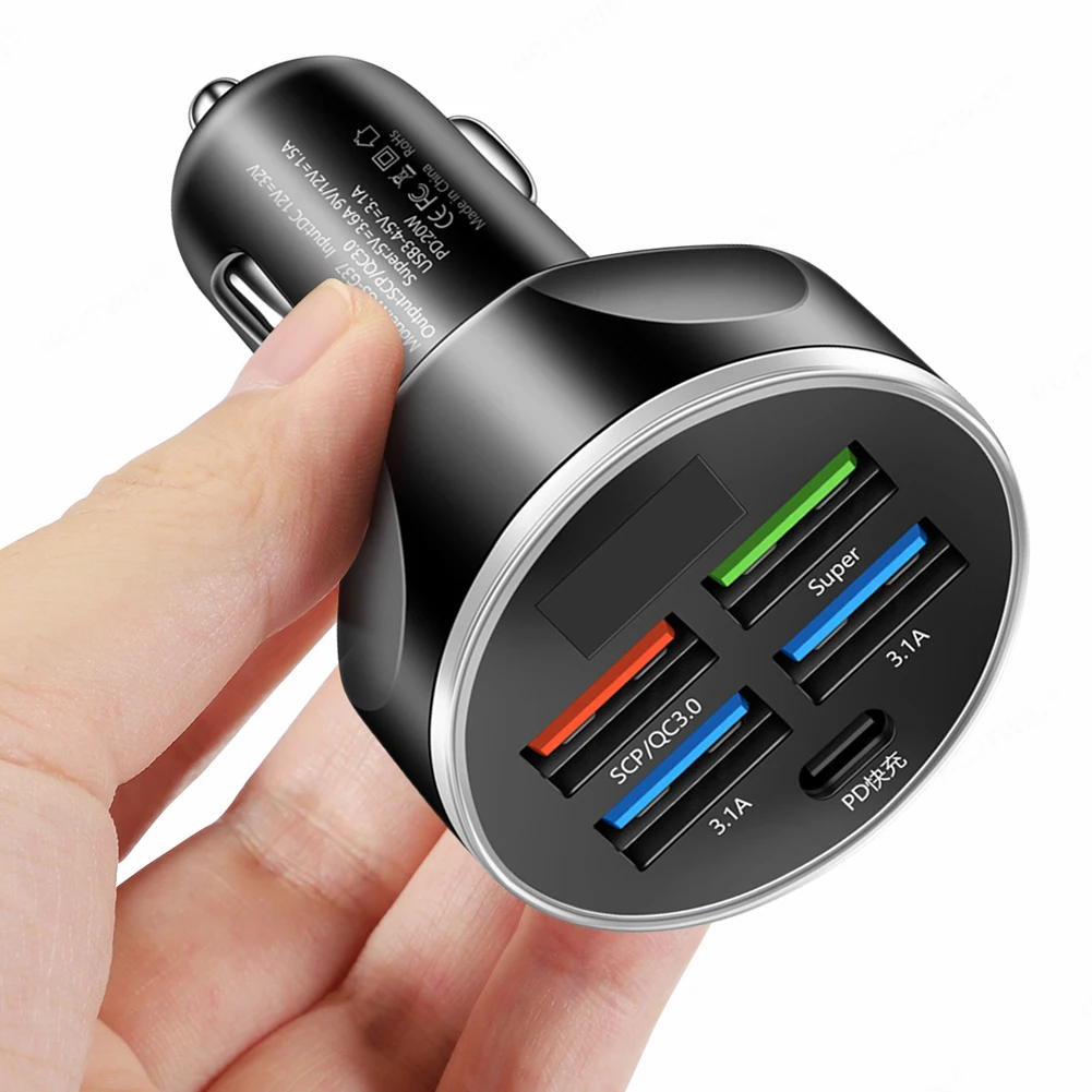 250W 5 Port Car Charger Super Fast Charging PD QC3.0 USB C Car Phone Charger Type C Adapter In Car For IPhone Huawei Realme OPPO