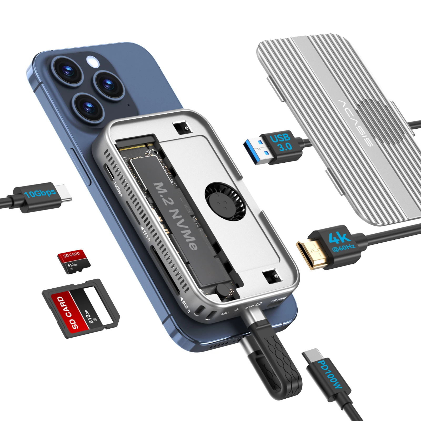 Магнитный корпус ACASIS 6 в 1, 10 Гбит/с 2230 2242 2260 2280 B+M M-Key M.2 NVMe SSD и док-станция USB C с охлаждающим вентилятором