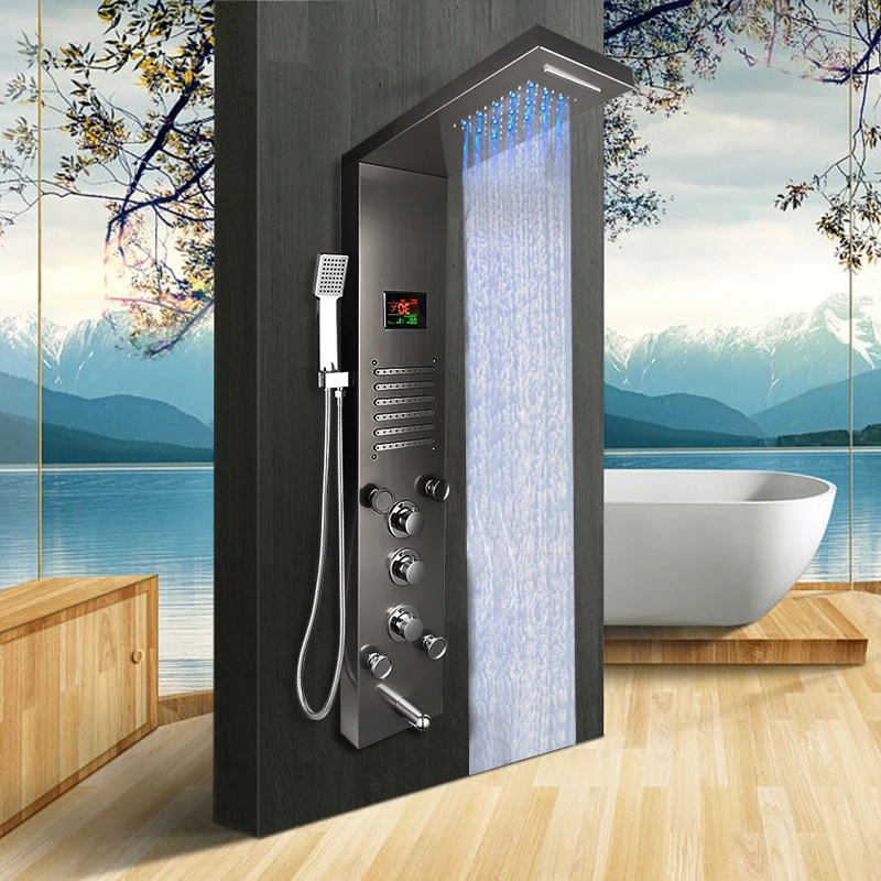 KEMAIDI Black Shower Column W/ Temperature Digital Display LED Shower Panel Body Massage Jets System Wall Mount Rainfall Shower