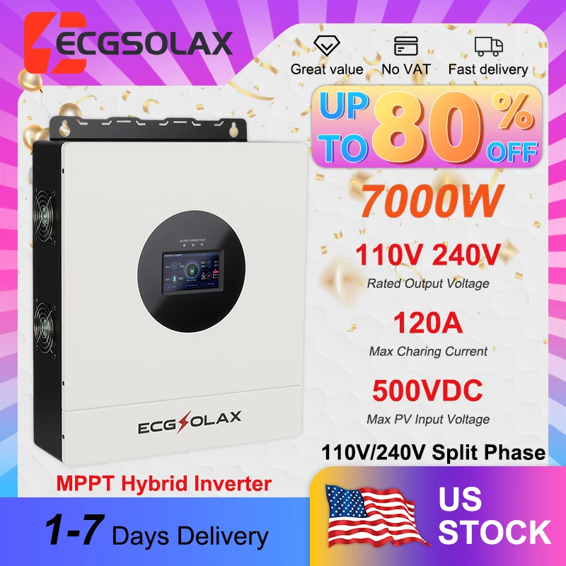 

Гибридный солнечный инвертор ECGSOLAX 7000W 120V/240V, 48V, стандарт США, двухфазный 120V/240V, до 6 инверторов в параллельном подключении