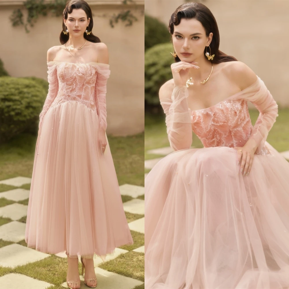 Customized Exquisite Organza A-Line Evening Dress Graceful Boat Neck Prom Dresses Sparkly Sequined Special Occasion Gowns