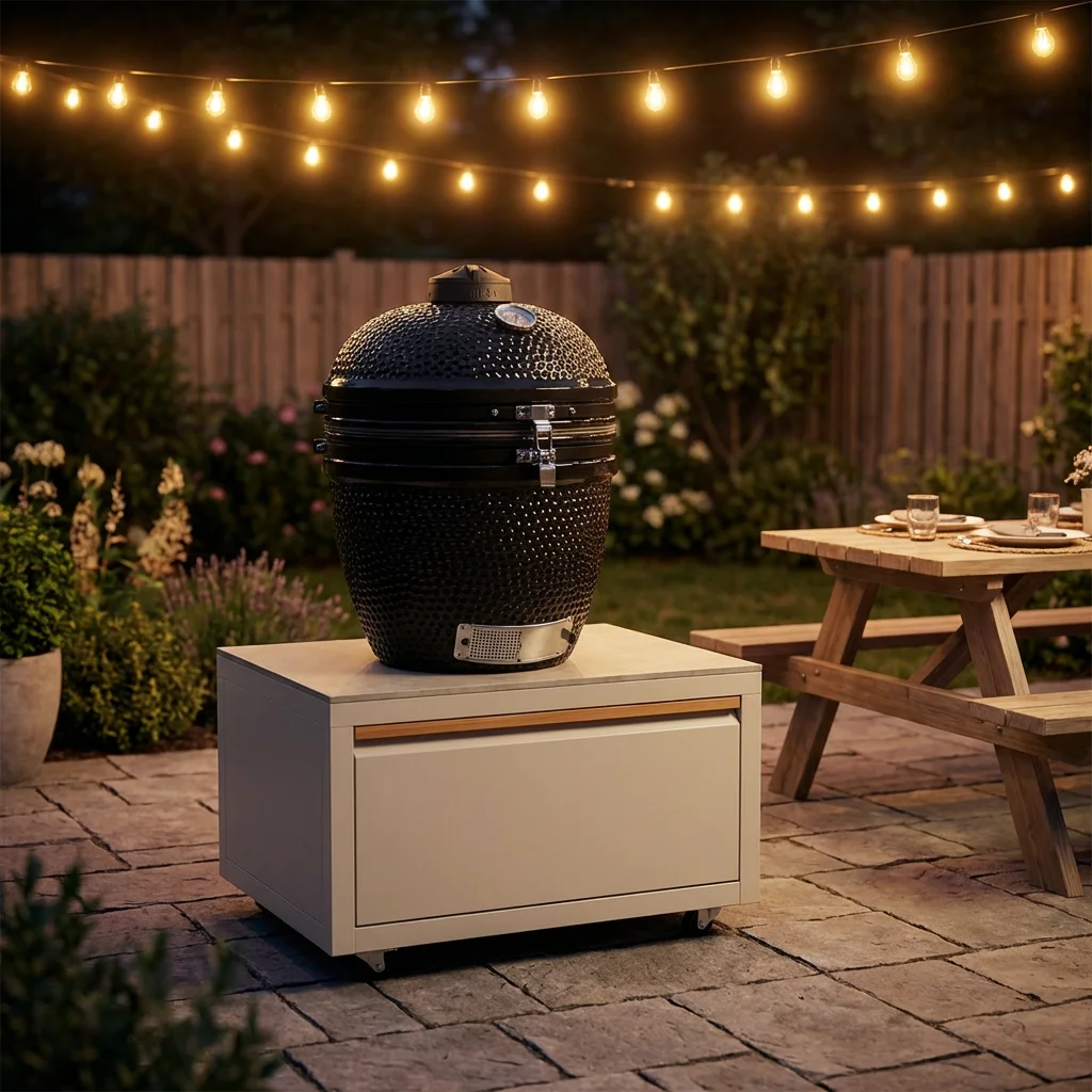 Backyard BBQ Kamado Grill 22 Inch Ceramic Smoker Outdoor Kitchen Module Sintered Stone Stainless Steel Teak Handle