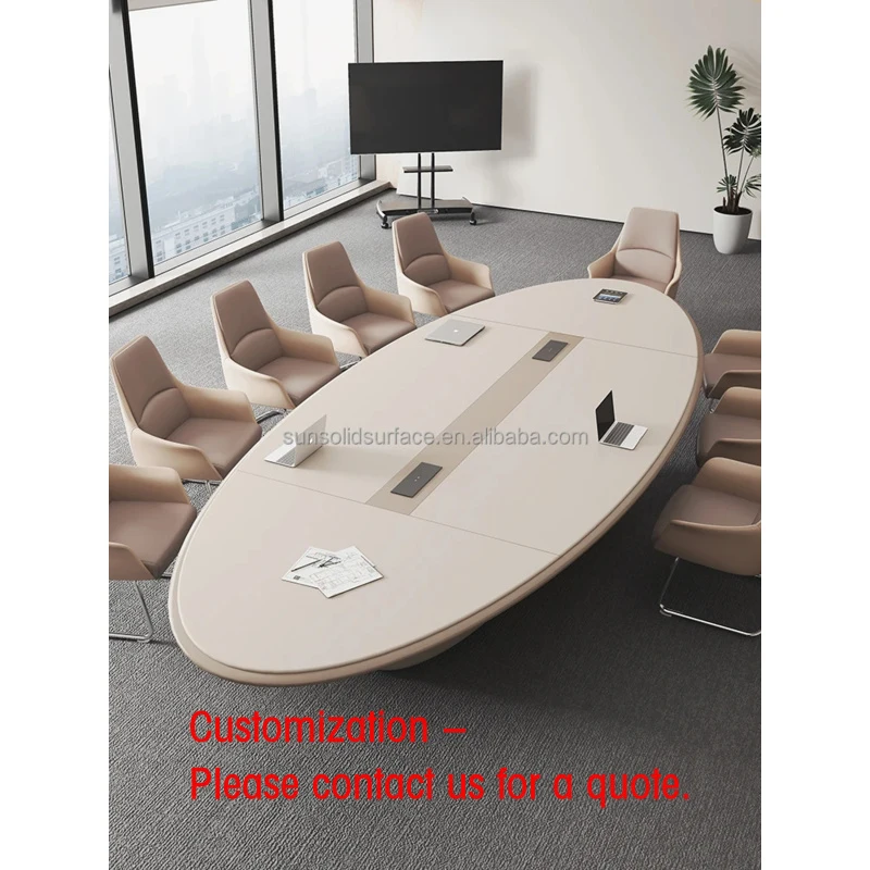 custom.Shinestone Contemporary Artificial Stone Oval-shape Conference Table Office Commercial Use with Seamless Joint