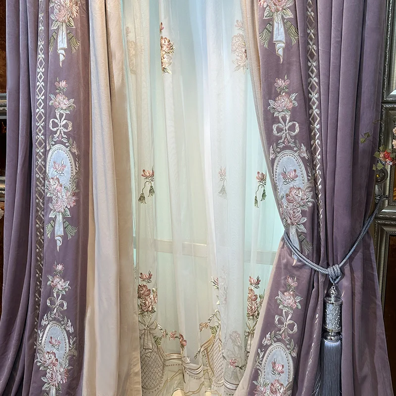 Luxury European Embroidered Curtains Velvet Splicing Valance with Floating Sheer Tulle for Living Room Bedroom Window Balcony