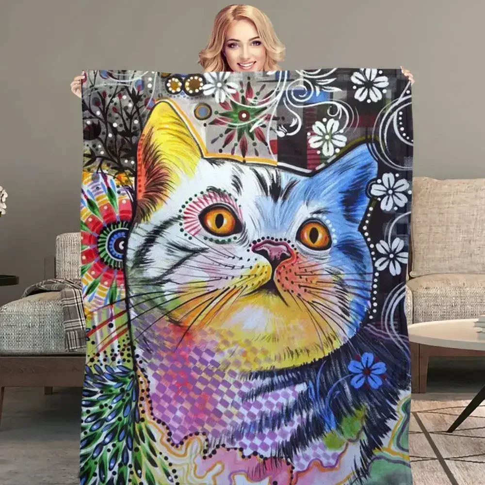 

Funny Abstract Cat Printed Flannel Blanket Cozy Soft Bed Thin Quilt Sofa Office Nap Warm Throw Blankets for Teens Adults Gifts