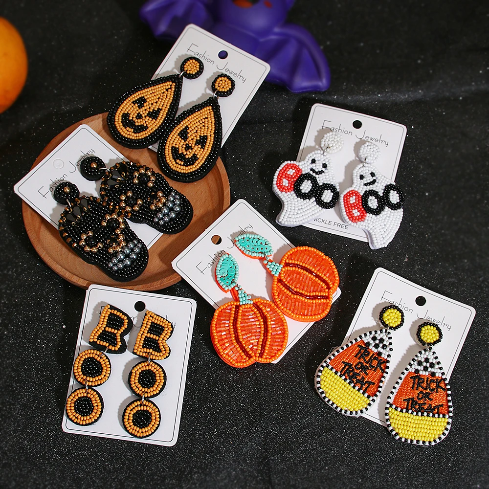 2023 New Fashion Hand Knitting Beaded Halloween Pumpkin Ghost Skull  BOO Seed Bead All Saints' Day Earrings Women Jewelry