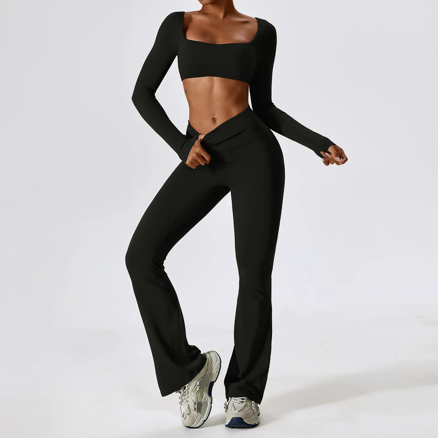 Gym Yoga Suit 2PCS Tight Fitting Sports Set Workout Breathable T Shirts Bra Tank Top Loose Bell-bottoms Leggings Women Tracksui image 2