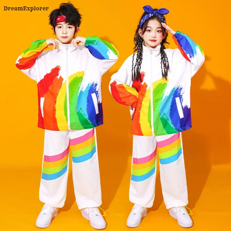 

Куртка с радужным граффити в стиле хип-хоп для мальчиков, штаны для уличных танцев, пальто K-pop для девочек, комплекты одежды, детская уличная одежда, детская школьная форма для джаза