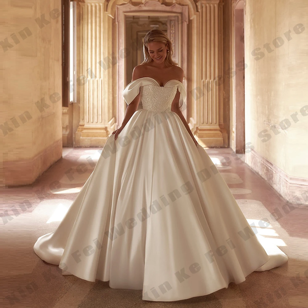 

Gorgeous Women's Bridal Gowns Satin Sexy Off Shoulder Sleeveless A-line Princess Wedding Dresses Formal Prom Party Customized