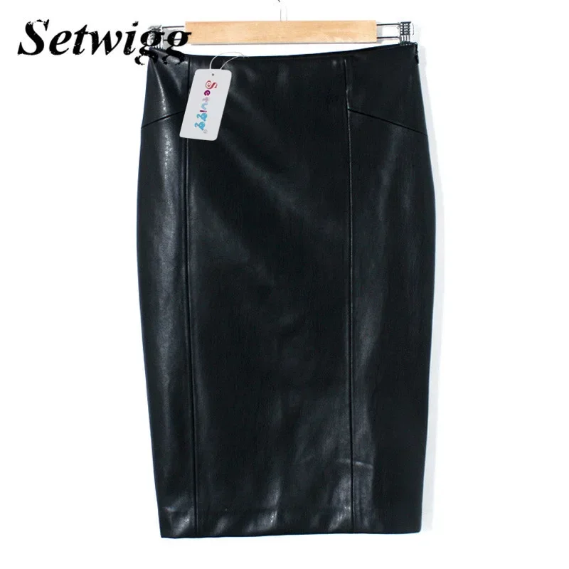 SETWIGG High Quality PU Leather Pencil Skirts Empire Waist Zipper Spring Black Faux Synthetic Leather Bodycon Office Skirt