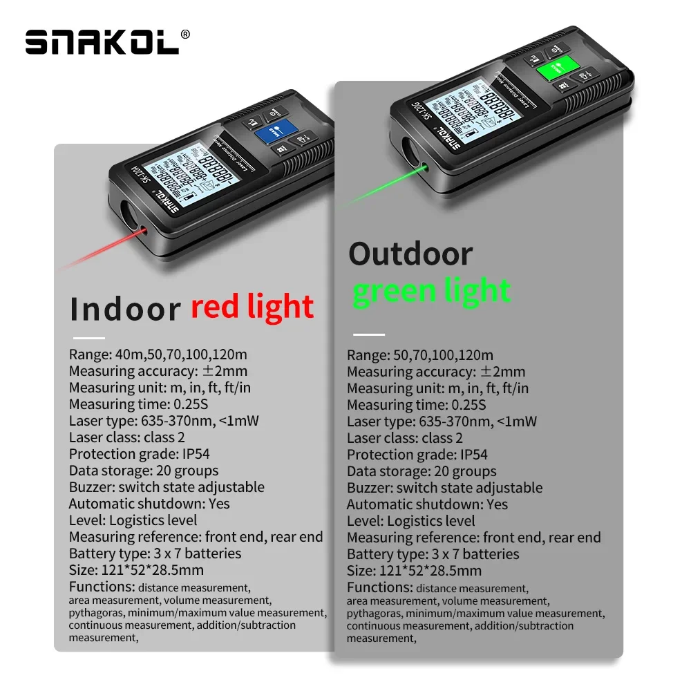 

SNAKOL SK-120G Green Digital Laser Tape Measure: High Accuracy Electronic Ruler with Multiple Measurement Modes, Backlit LCD