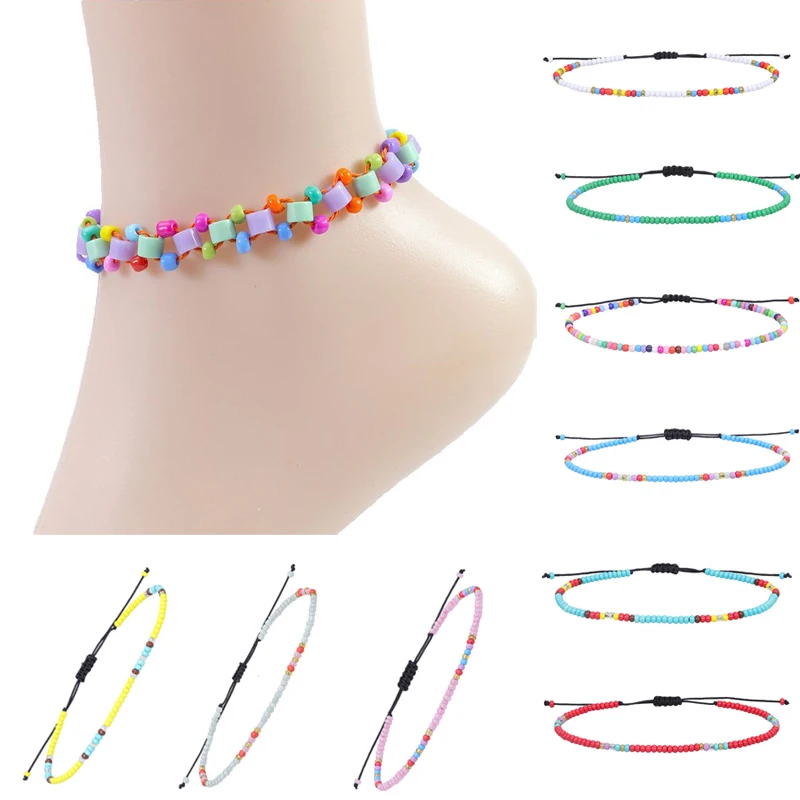 Boho Women Glass Beads Woven Anklet Beaded Bracelet On The Leg Beach Barefoot Foot Jewelry Handmade Rope Thread Weaving Braid