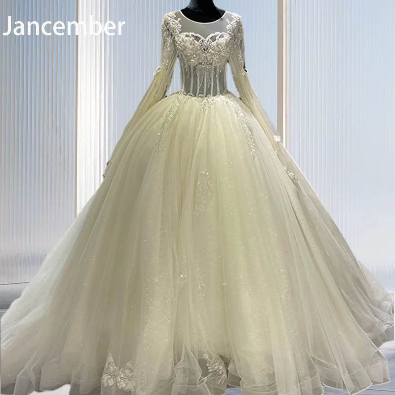 Jancember Ball Gown Backless O-Neck Full Sleeves Illusion Button Pearls Modern Wedding Dress 2023 Elegant Wedding 1819