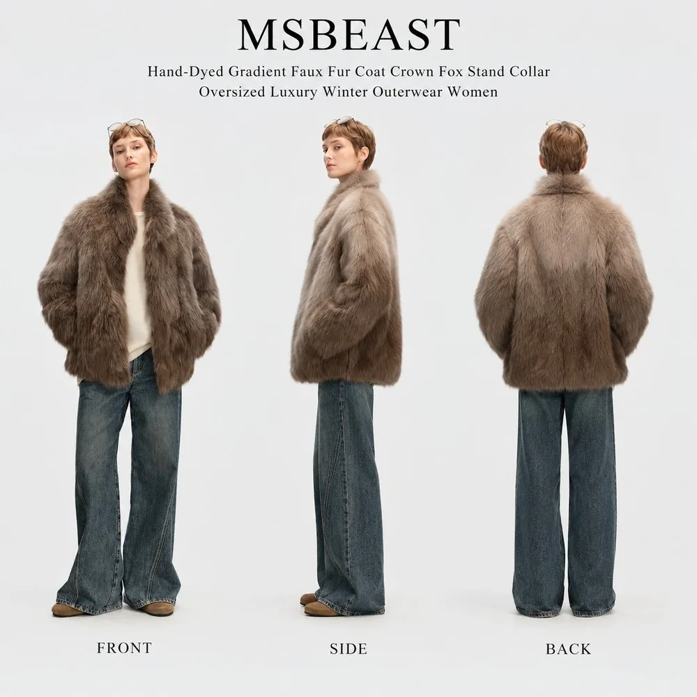 BFFUR Hand-Dyed Gradient Golden Fur Coat Crown Fox Stand Collar Oversized Luxury Winter Outerwear Women Thick Fur Jacket