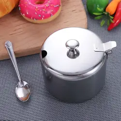 Practical Silver Stainless Steel Sugar Bowl Dustproof with Lid Spoon Spice Container Waterproof Condiment Pot for Kichen