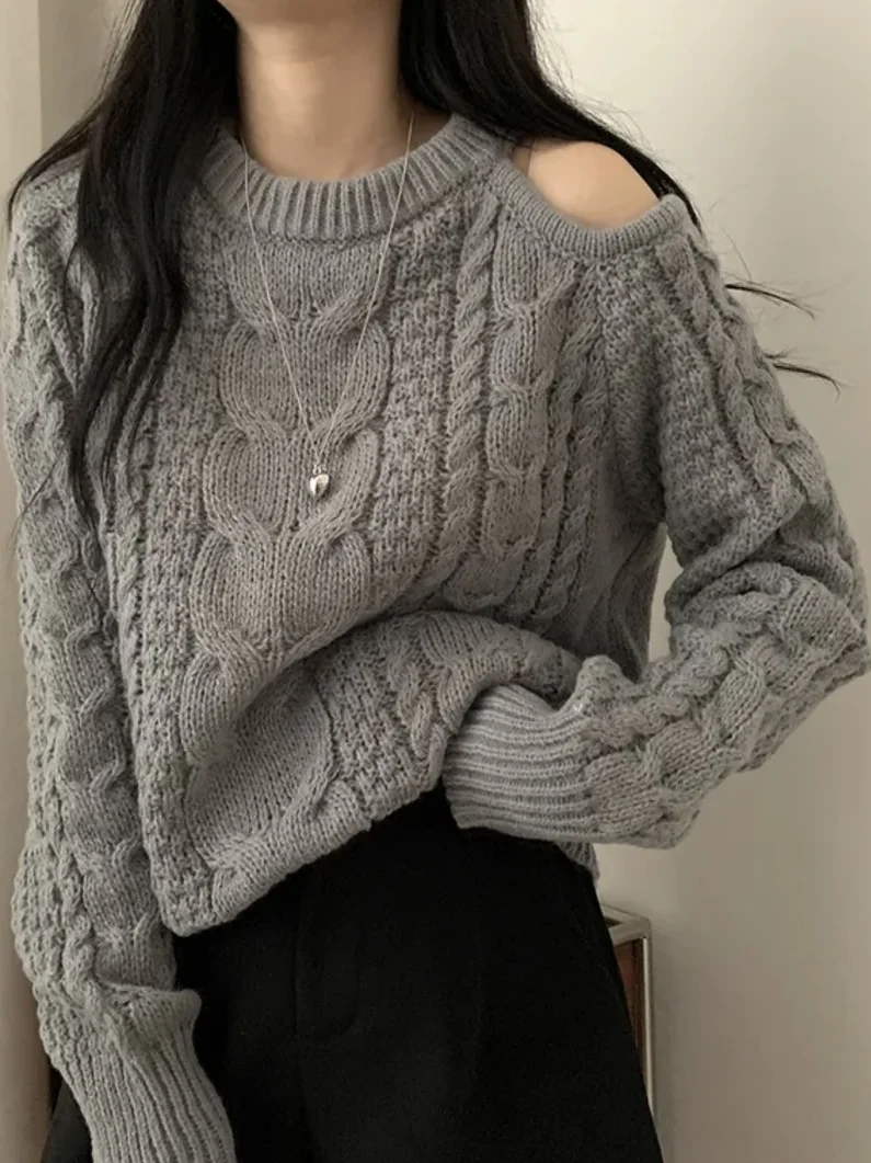 Maglione lavorato a maglia da donna coreano Sle Or Long Sve Pure Color Loose Fit oulder Bared Twist Design Autunno Inverno Top