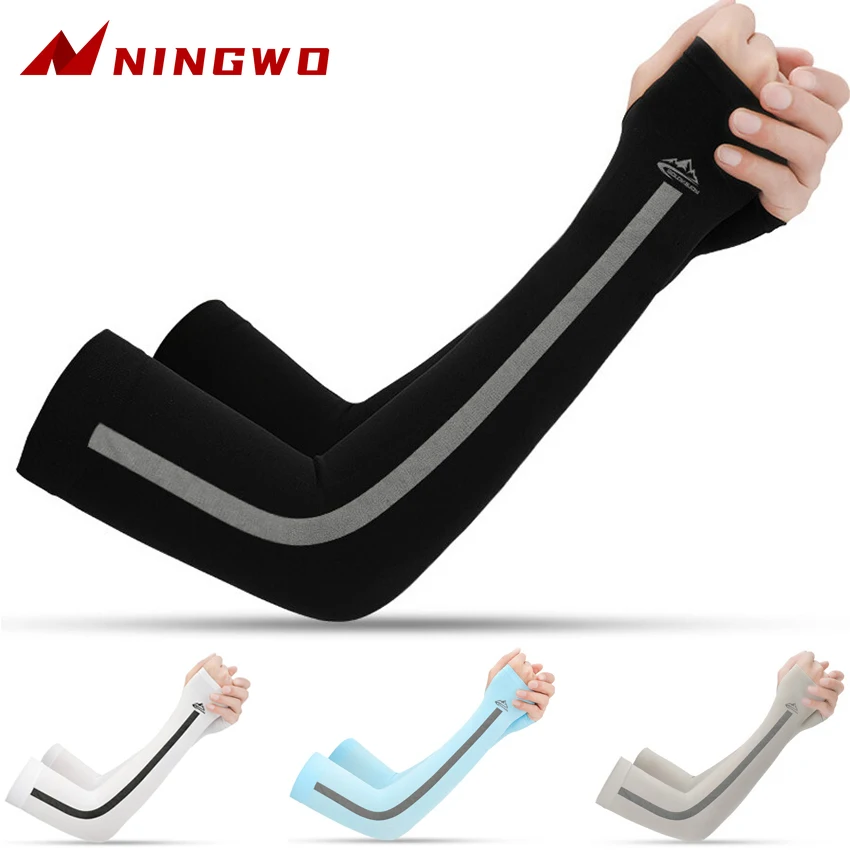 Mangas de brazo para hombre y mujer, guantes de protección solar UV para deportes al aire libre, ciclismo, correr, manguito de seda de hielo para el pulgar, 1 par