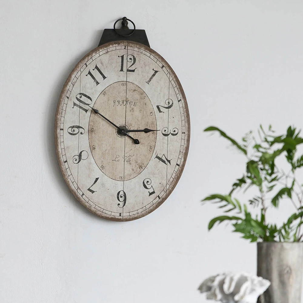 

18" X 29" Antique White Oval Wall Clock, Traditional Vintage Home Decor Clock