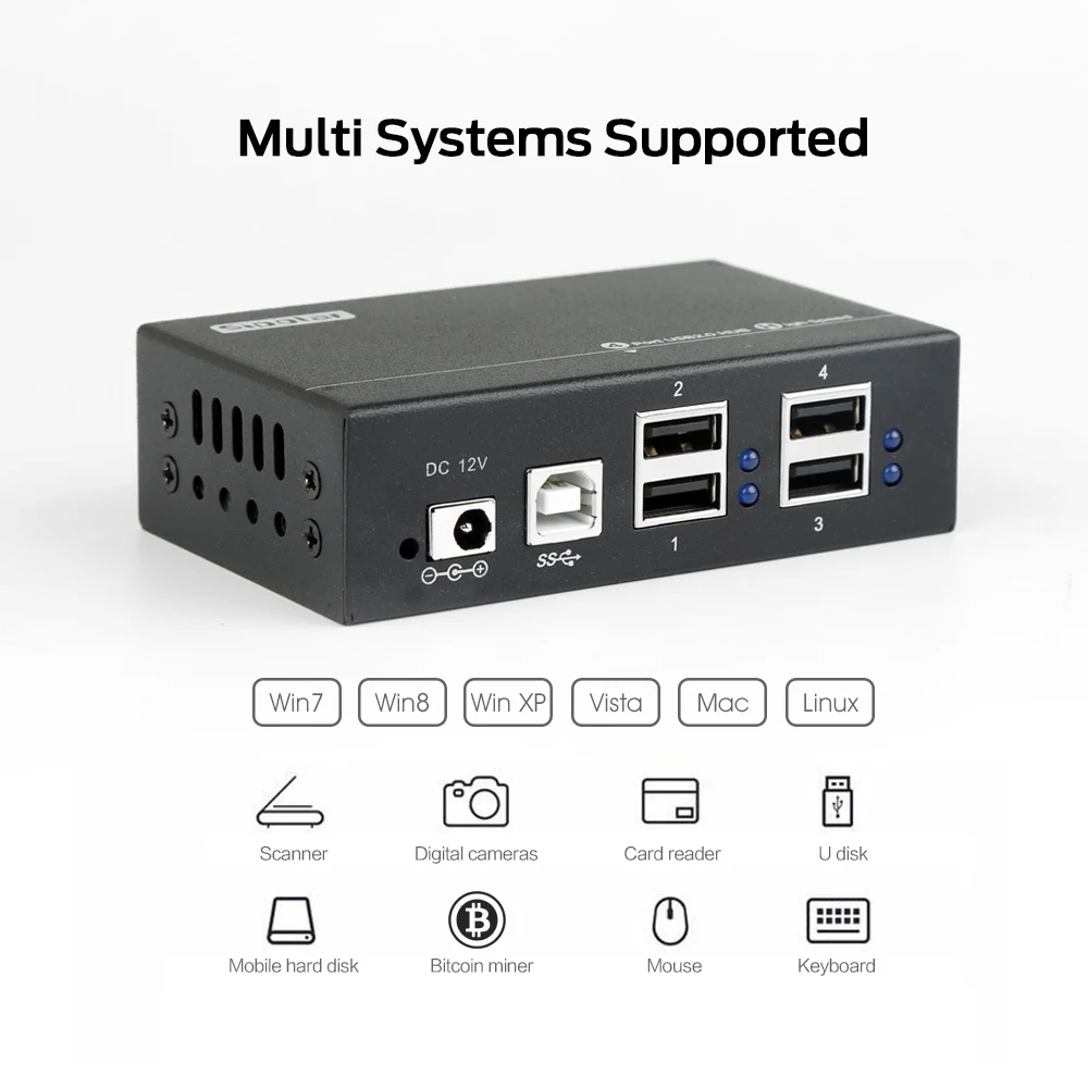 Sipolar 12 W Powered 4 Ports USB2.0/USB3.0 Metall Hub mit 12 V 1 A/12 V 2 A Netzteil LED-Anzeige Montagehalterung für PC Laptop
