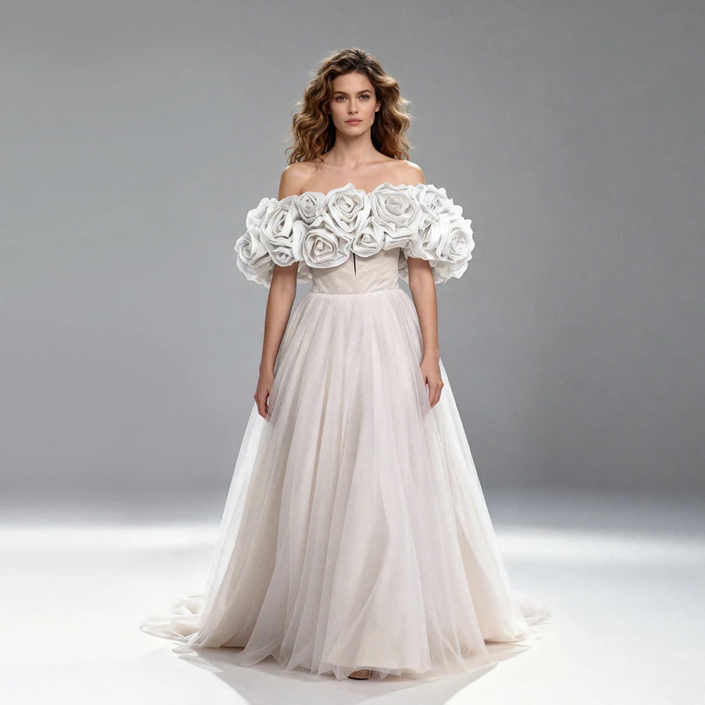 

Women's Wedding Party Attire Elegant Ivory Off Shoulder Tulle A-Line Prom Dress with 3D Floral Neckline Evening Dresses ES6328D