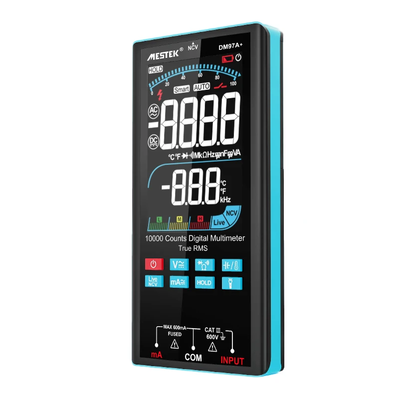 

Умный мультиметр Mestek DM97A + с автоматическим диапазоном, большой экран, цифровой инструмент для измерения напряжения и тока переменного и постоянного тока, экран NCV