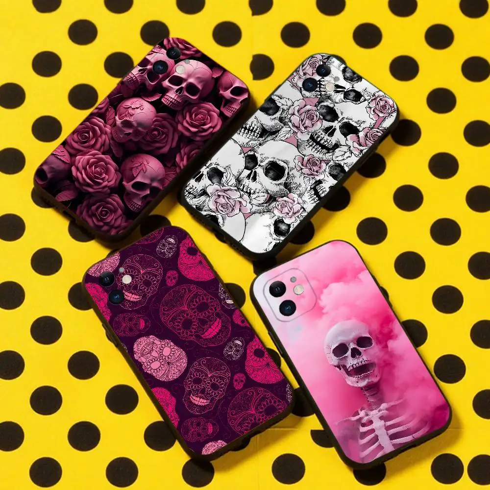 

Pink Skulls Cat Phone Case For iPhone 16,15,14,13,12,11,Pro,Max,Plus,X,XS,XR,SE,8,7,Mini,Soft Silicone Black Case